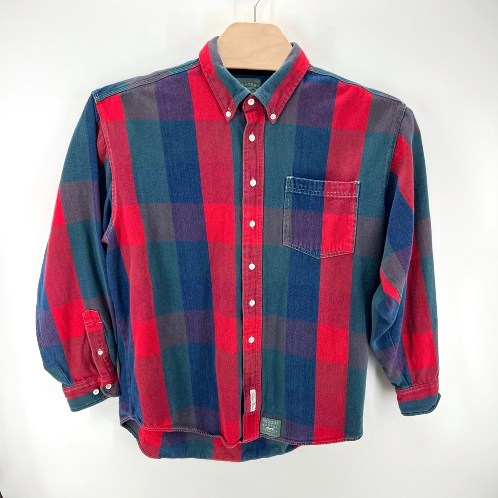 Baxter Brand Plaid Canvas Button Down Shirt Size L Indigo Denim Red Blue Vintage